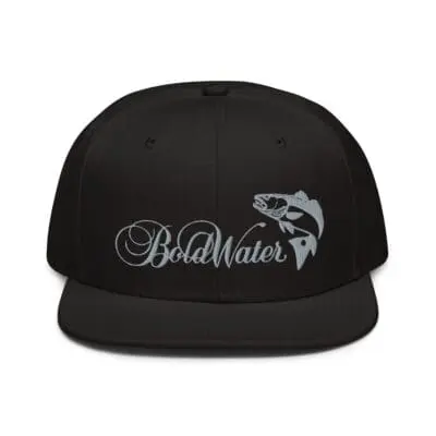 Black BoldWater snapback hat with flying fish logo and brand name.
