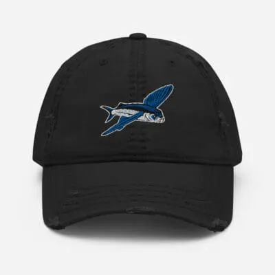 Black distressed dad hat with BoldWater Flying Fish logo