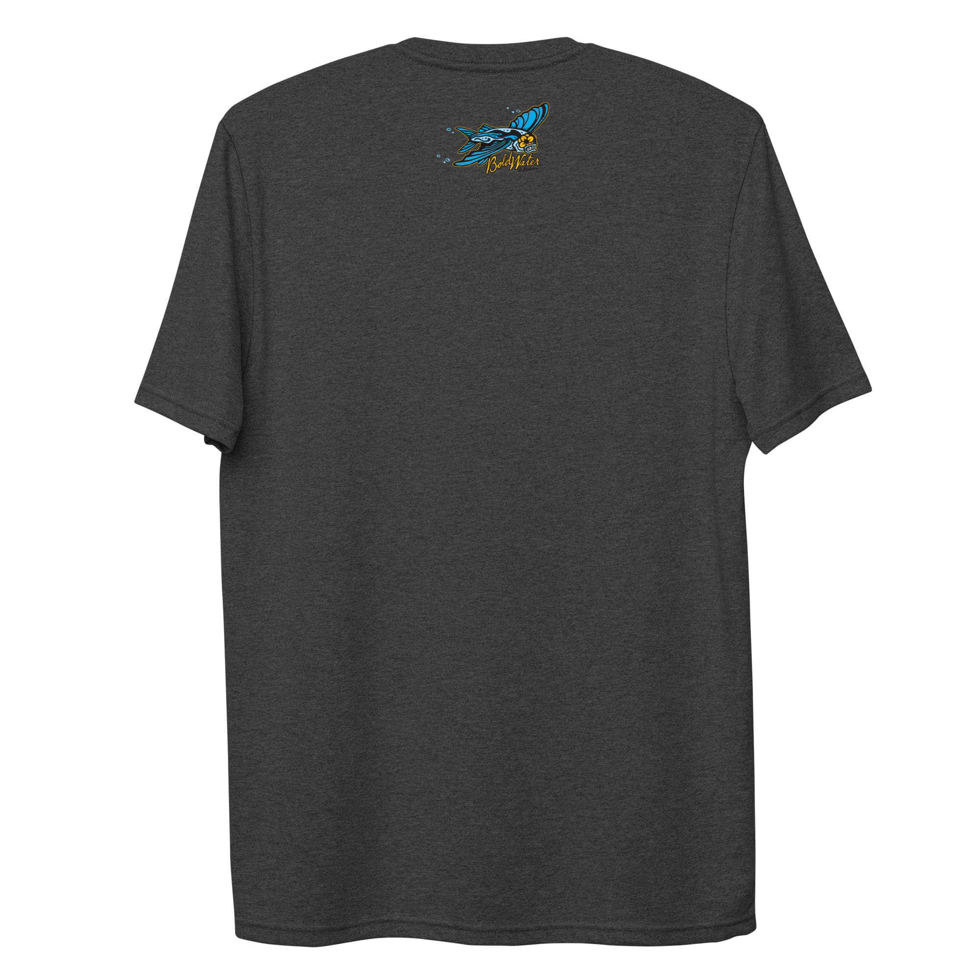 unisex-recycled-t-shirt-charcoal-heather-back-62e2ae0a55536.jpg BoldWater unisex recycled t-shirt back with marine illustration and logo detail.