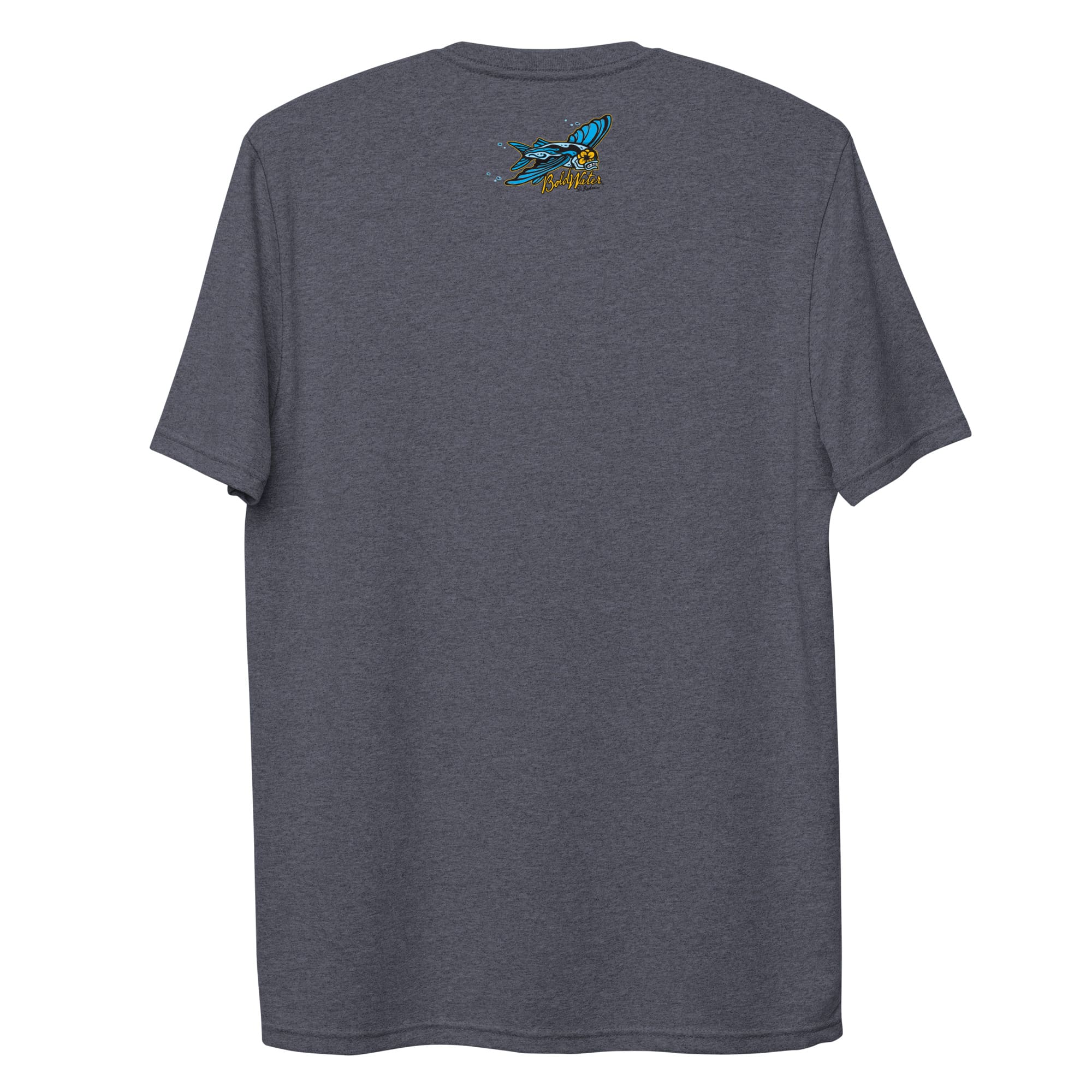 unisex-recycled-t-shirt-heathered-navy-back-62e2ae0a55a80.jpg BoldWater Freaky Flyer unisex recycled t-shirt back view, heathered navy fabric with custom graphic design.