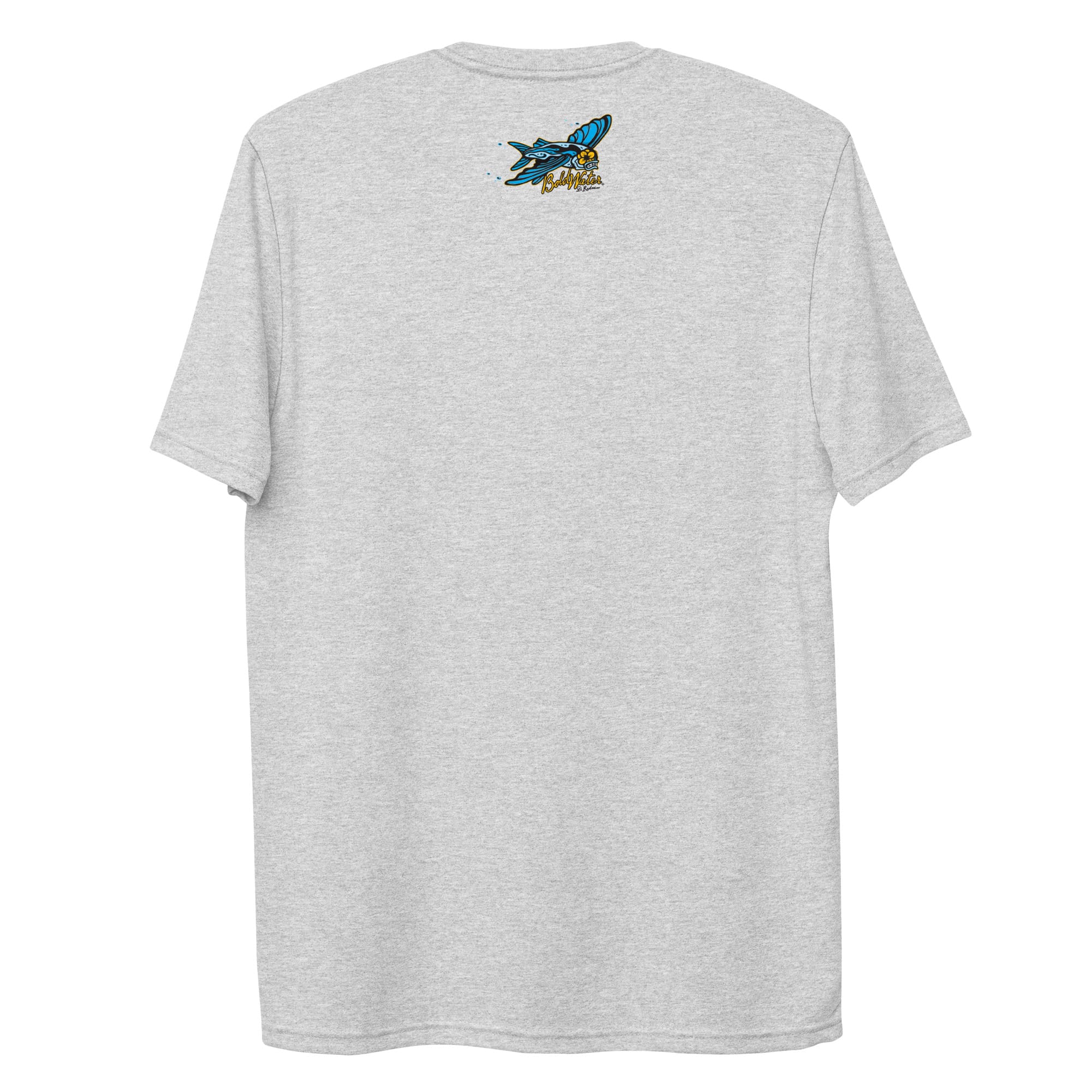 unisex-recycled-t-shirt-light-heather-grey-back-62e2ae0a56174.jpg BoldWater Freaky Flyer unisex recycled t-shirt back with marine illustration and logo design.
