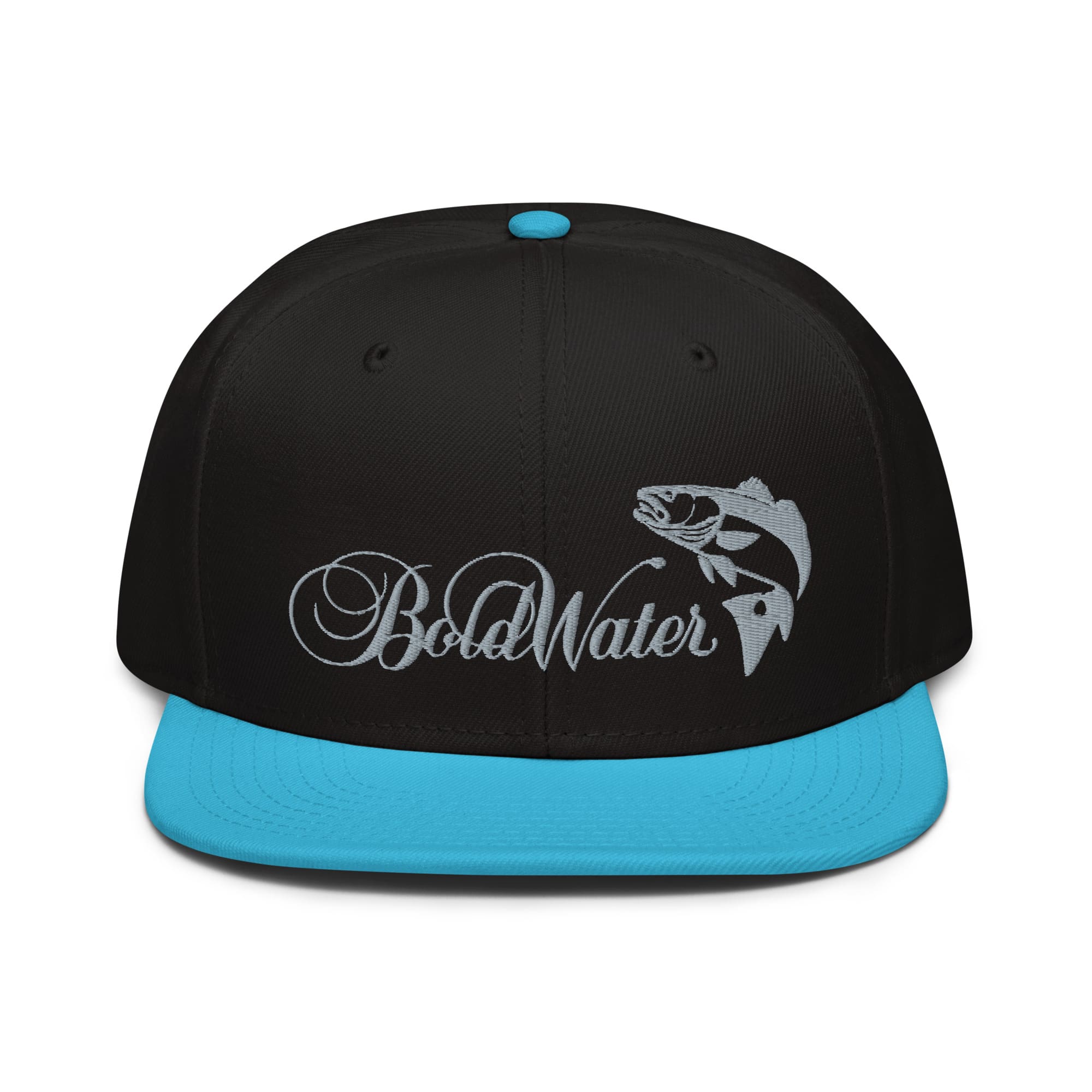 snapback-aqua-blue-black-black-front-62f005a517eed.jpg BoldWater Redfish Snapback hat in aqua blue and black, featuring embroidered logo and design.