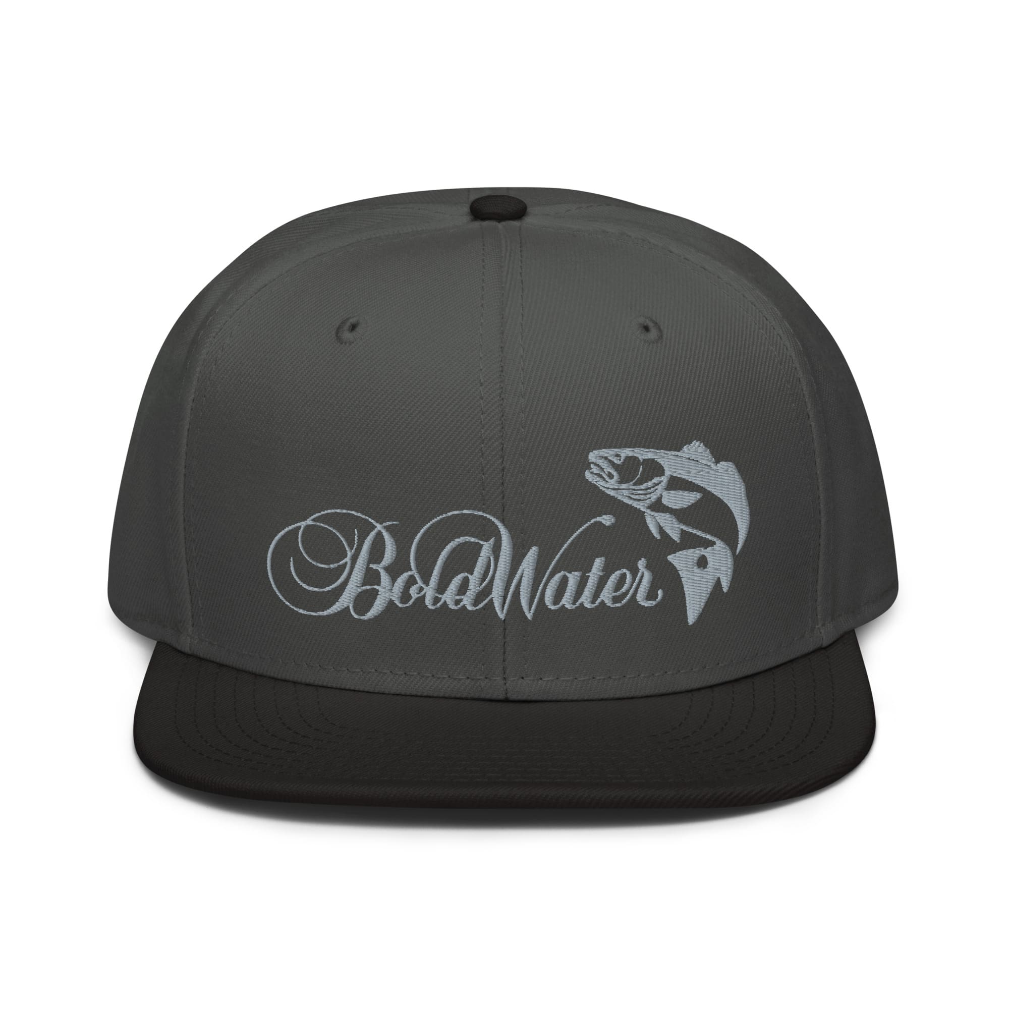 snapback-black-charcoal-gray-charcoal-gray-front-62f005a5183d1.jpg BoldWater Redfish Snapback Hat in charcoal gray, featuring embroidered fish logo and brand name.