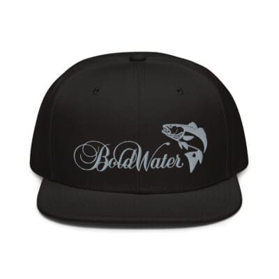 Black BoldWater snapback hat with flying fish logo and brand name.