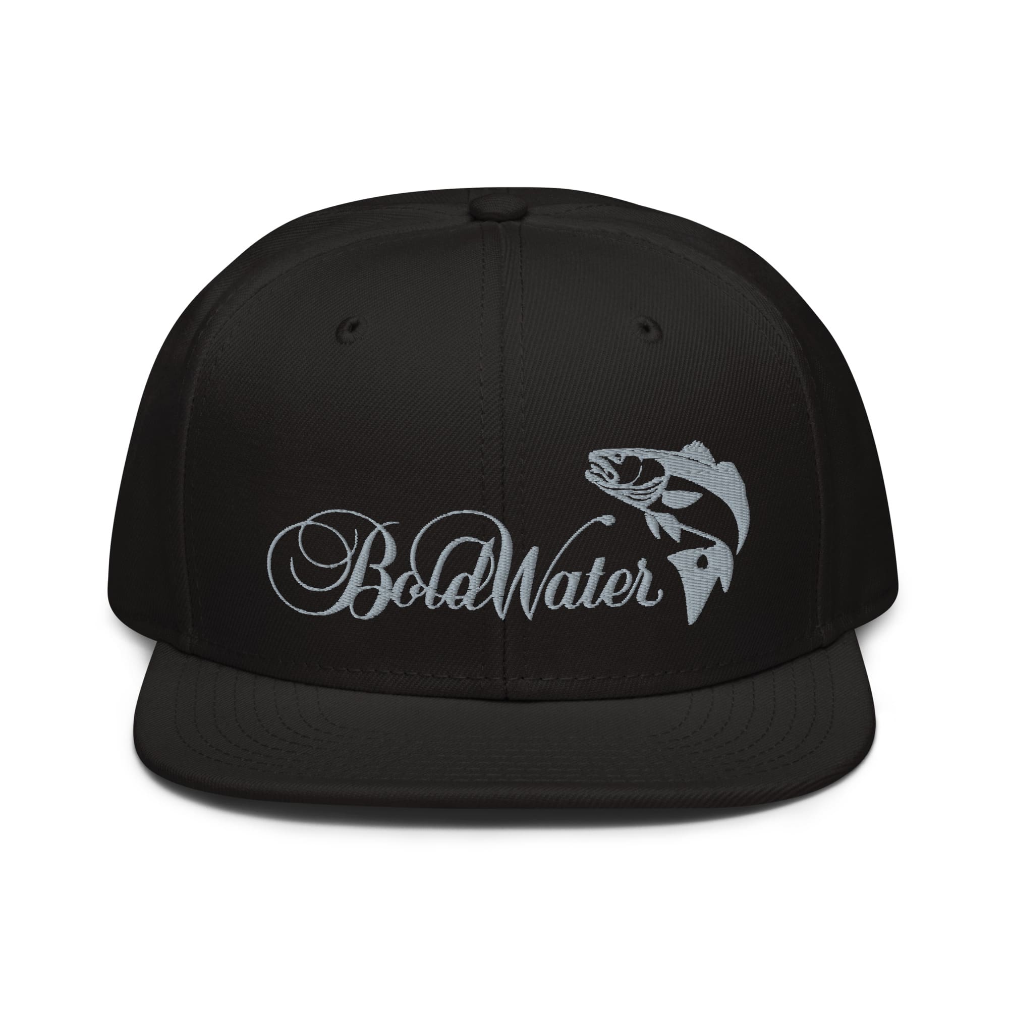 snapback-black-front-62f005a517295.jpg Black BoldWater snapback hat with flying fish logo and brand name.