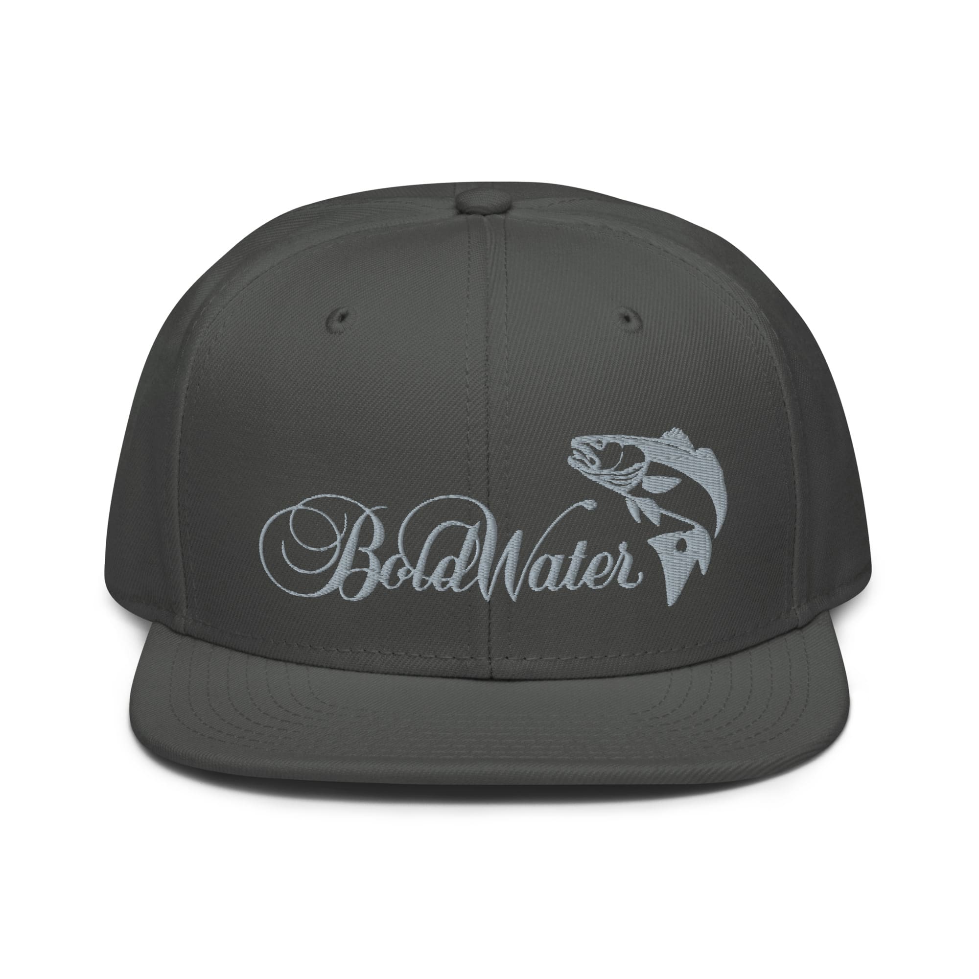 snapback-charcoal-gray-front-62f005a518585.jpg Charcoal gray snapback hat with BoldWater logo and marine fish design.