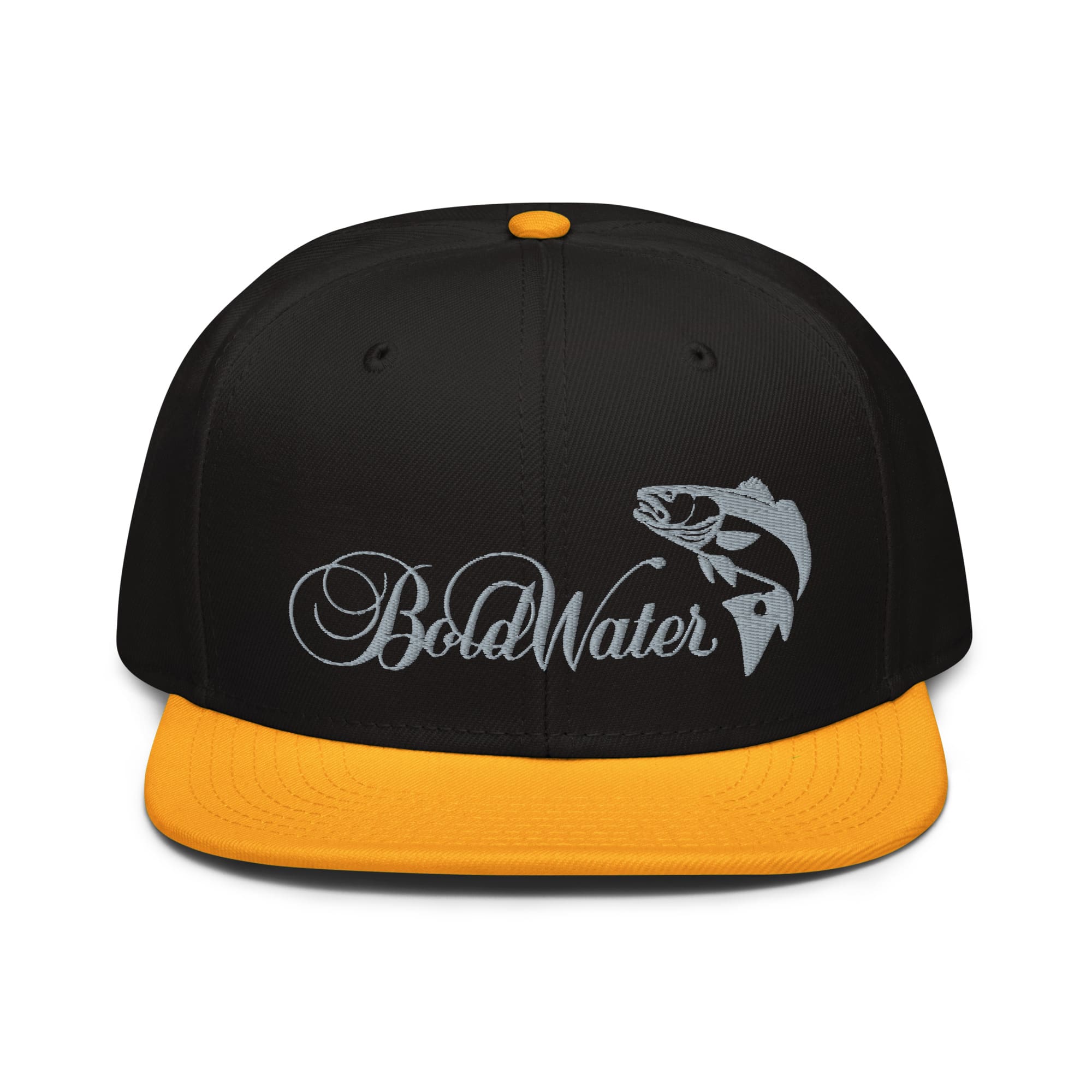 snapback-gold-black-black-front-62f005a518014.jpg BoldWater Redfish Snapback hat with black and gold colorway, featuring embroidered logo and fish design.