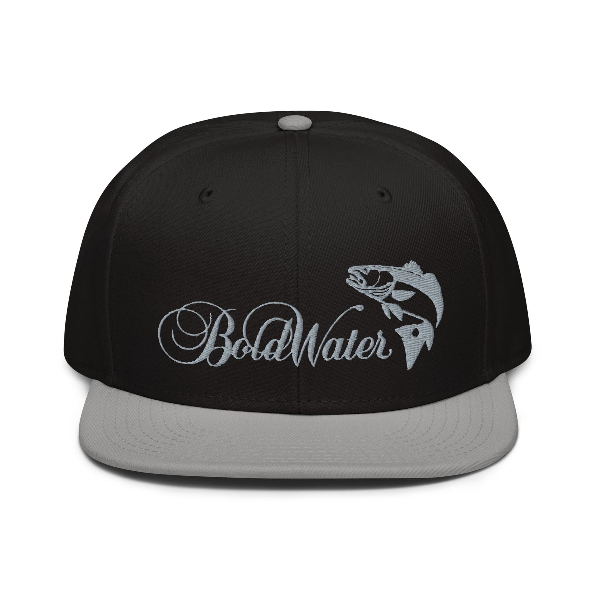 snapback-gray-black-black-front-62f005a517d8f.jpg BoldWater Redfish Snapback hat with gray visor and embroidered logo