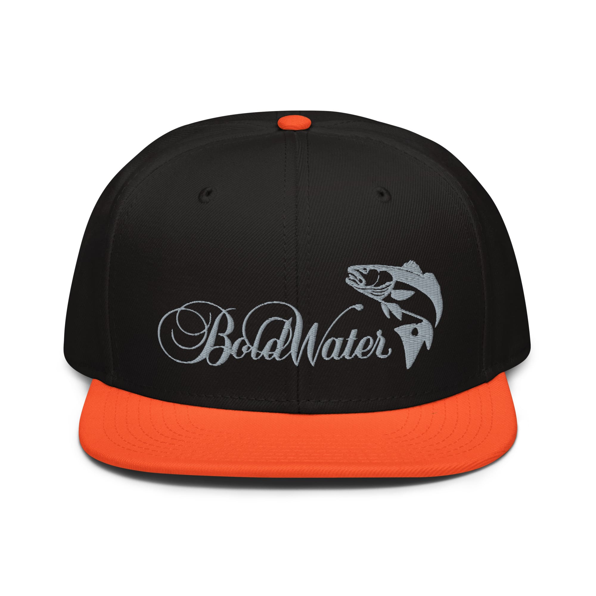 snapback-orange-black-black-front-62f005a517bea.jpg BoldWater Redfish Snapback Hat in orange and black with embroidered logo