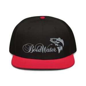 BoldWater Redfish Snapback hat with red visor and embroidered logo.