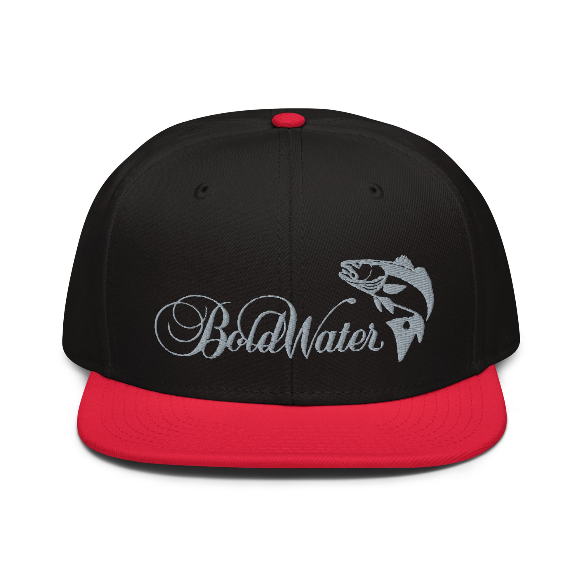 snapback-red-black-black-front-62f005a517a7e.jpg BoldWater Redfish Snapback hat with red visor and embroidered logo.