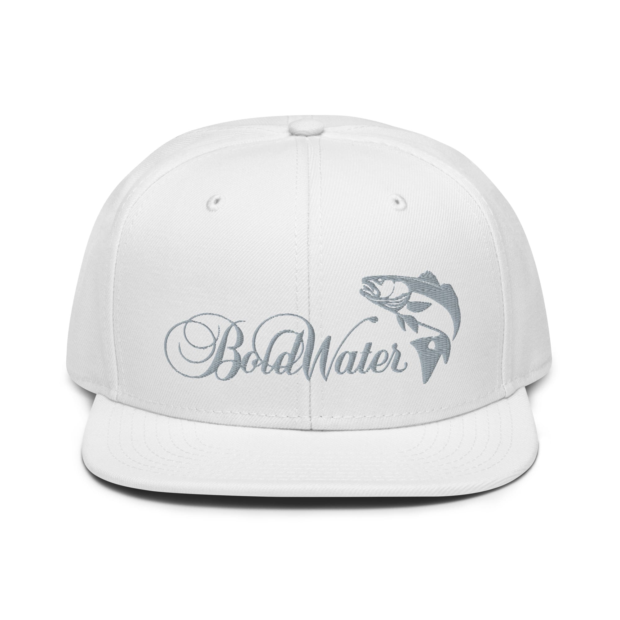 snapback-white-front-62f005a51875b.jpg BoldWater Redfish Snapback hat with embroidered logo and fish design.