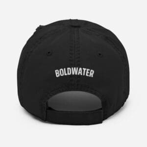 Black BoldWater distressed dad hat back view, cotton twill hat for apparel and marine design.