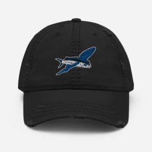 Black distressed dad hat with BoldWater Flying Fish logo