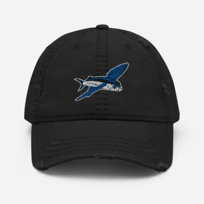 Black distressed dad hat with BoldWater Flying Fish logo