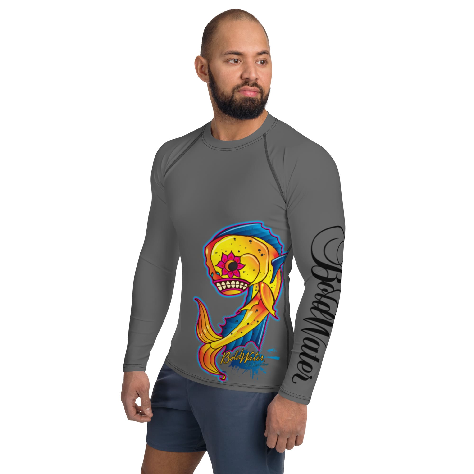 all-over-print-mens-rash-guard-white-left-638ce335ec7ff.jpg Man wearing BoldWater Freakin’ Mahi men’s rash guard, long-sleeve sun protection apparel