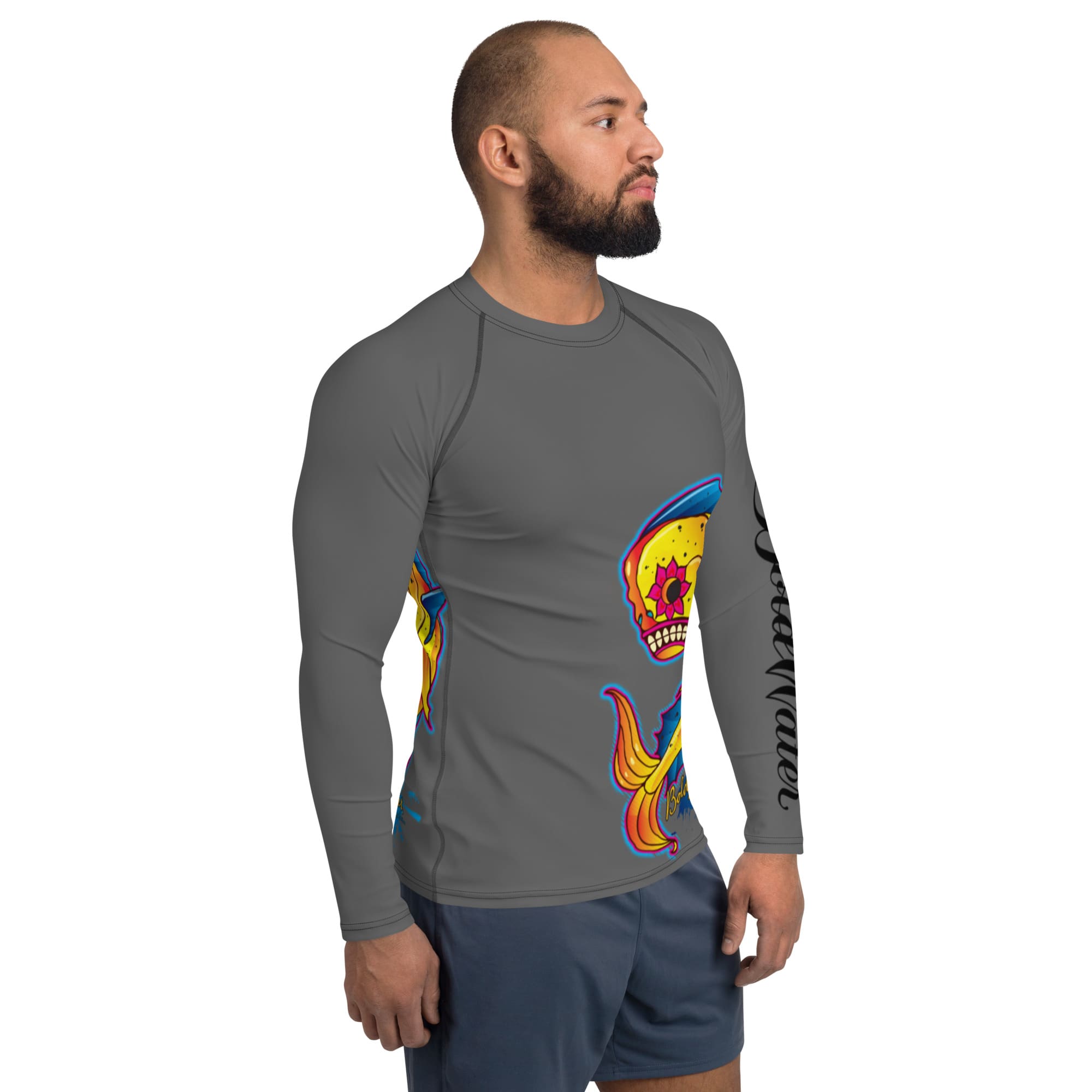 all-over-print-mens-rash-guard-white-right-638ce335ec98a.jpg Man wearing BoldWater Freakin’ Mahi men’s rash guard, long-sleeve sun protection apparel