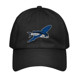 BoldWater Flying Fish Under Armour® dad hat in black, embroidered marine artwork.