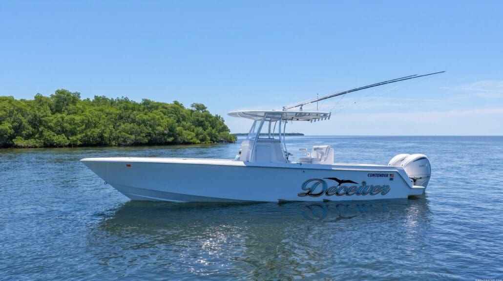 Custom boat name decal "Deceiver" on fishing charter boat hull, South Florida coastal scene