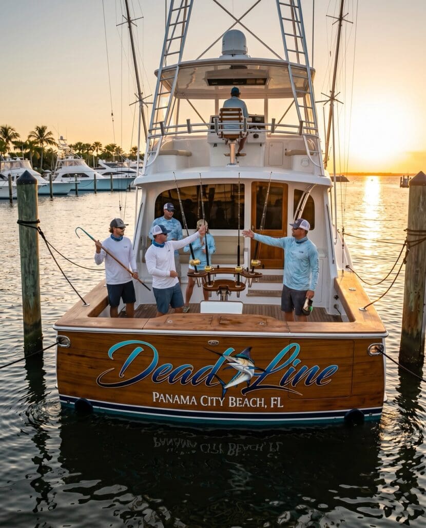Fishing charter boat at sunset, showcasing custom boat graphics and apparel branding.