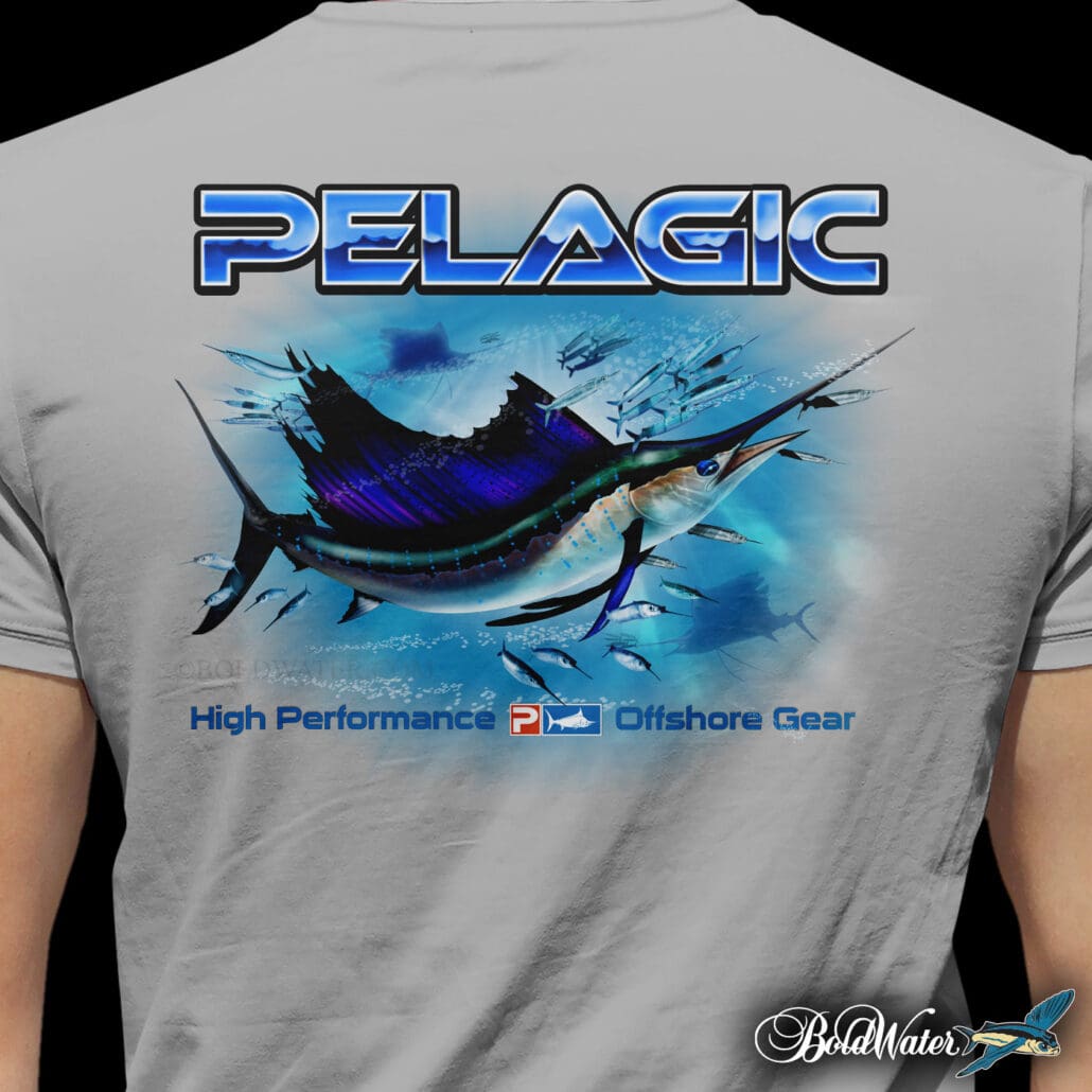Pelagic apparel design featuring marlin illustration for fishing charters