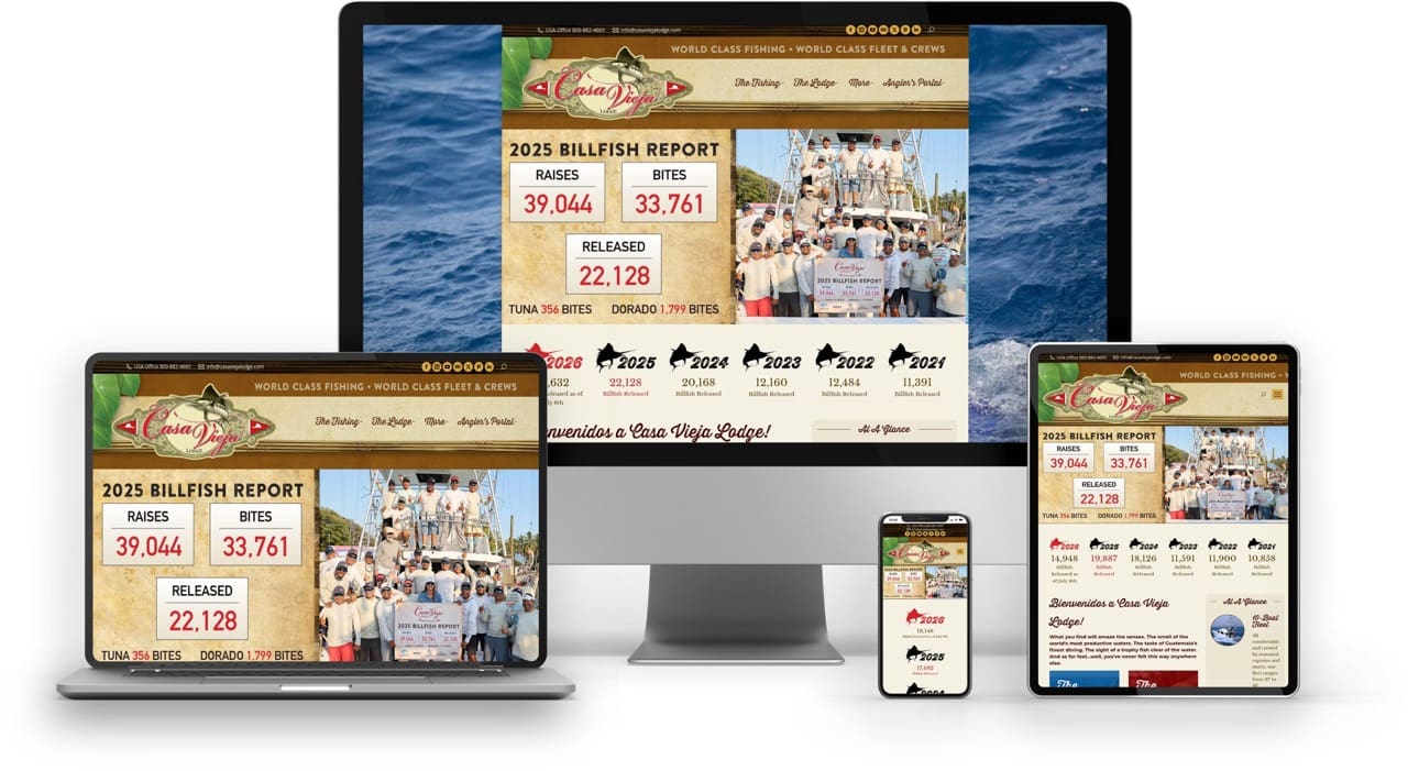 Casa Vieja Lodge fishing website design on multiple devices, showcasing destination travel experience.