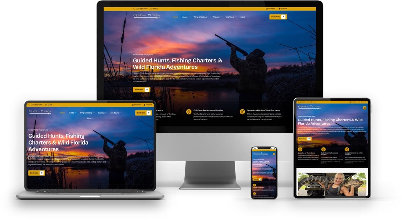 BoldWater website design for Central Florida trophy hunts, fishing charters, and guided adventures on various devices.