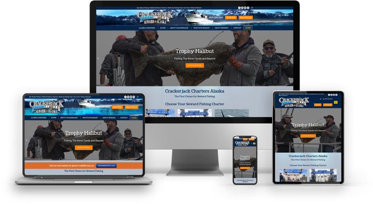 Crackerjack Charters Alaska website design on laptop, tablet, and phone showcasing fishing charter services.