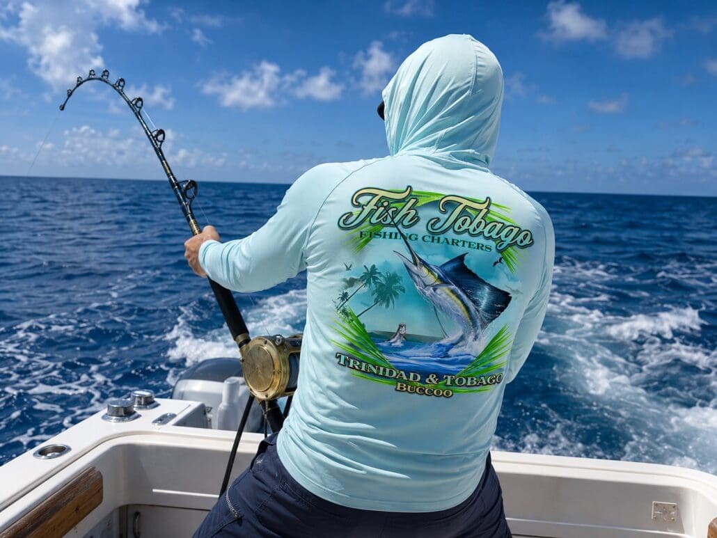 Custom fishing charter shirt design with fish illustration and Tobago logo, BoldWater apparel design.