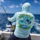 Custom fishing charter shirt design with fish illustration and Tobago logo, BoldWater apparel design.