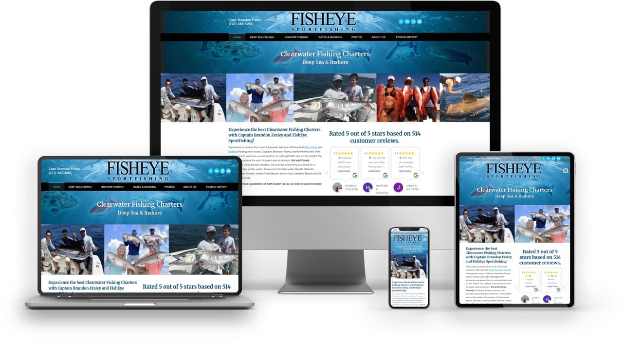 Fishing charter website design mockup on desktop and mobile devices showcasing Fisheye Sportfishing.
