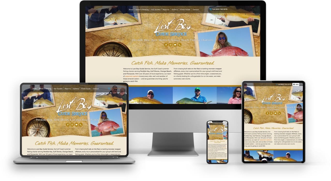 Fishing charter website design responsive across devices, showcasing BoldWater web development services.