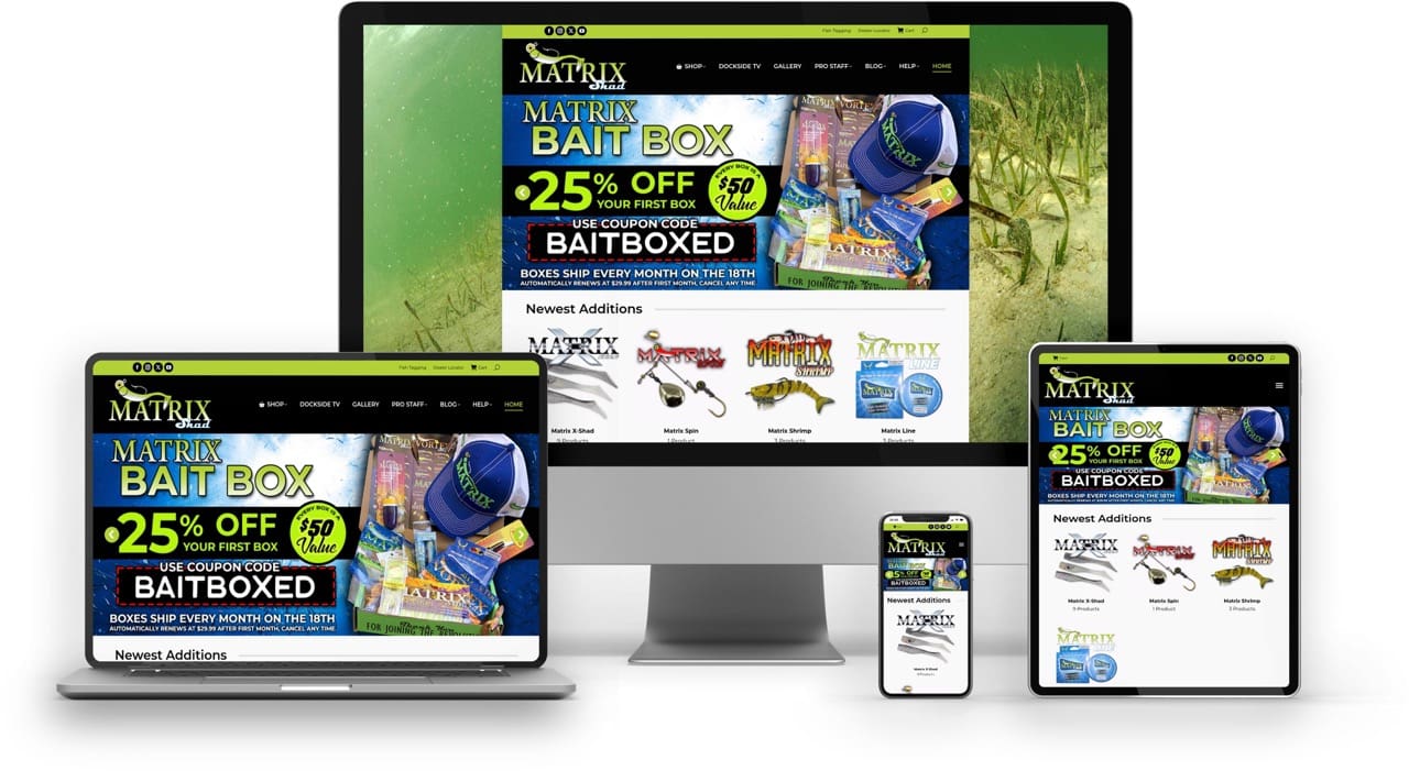 BoldWater website design for Matrix Bait Box, showcasing fishing bait and tackle website on desktop and mobile devices.