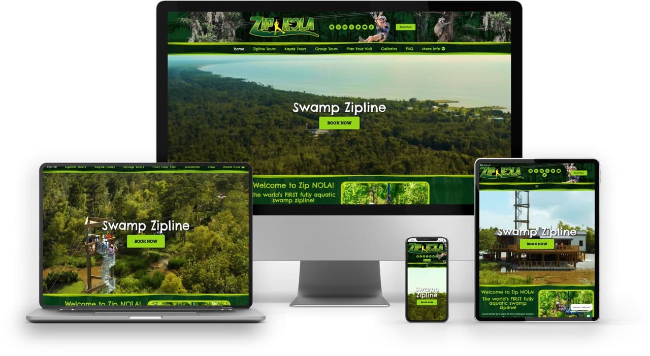 BoldWater website design for Zip NOLA zipline park showcasing responsive design across devices.
