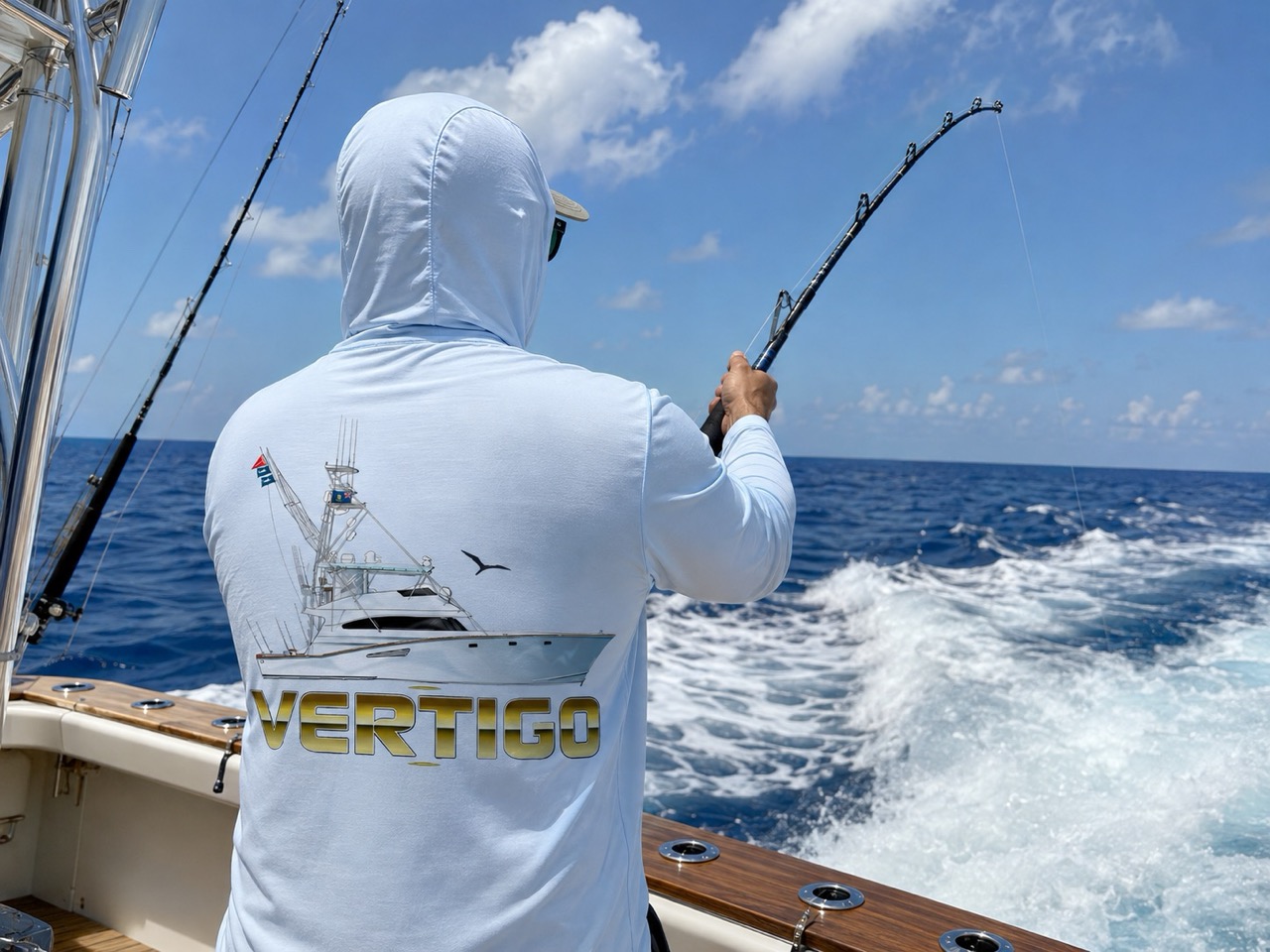 vertigo boat shirt sample guy fishing What Design Elements Make Custom Boating Shirts Stand Out at the Dock and on the Water?
